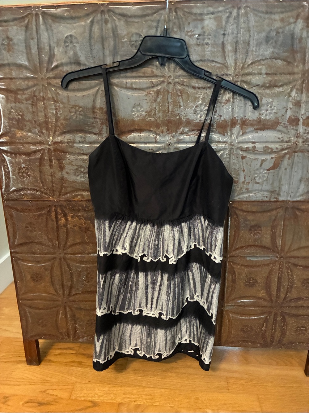 CAbi. Black & White Tiered Silk Spaghetti Strap Top